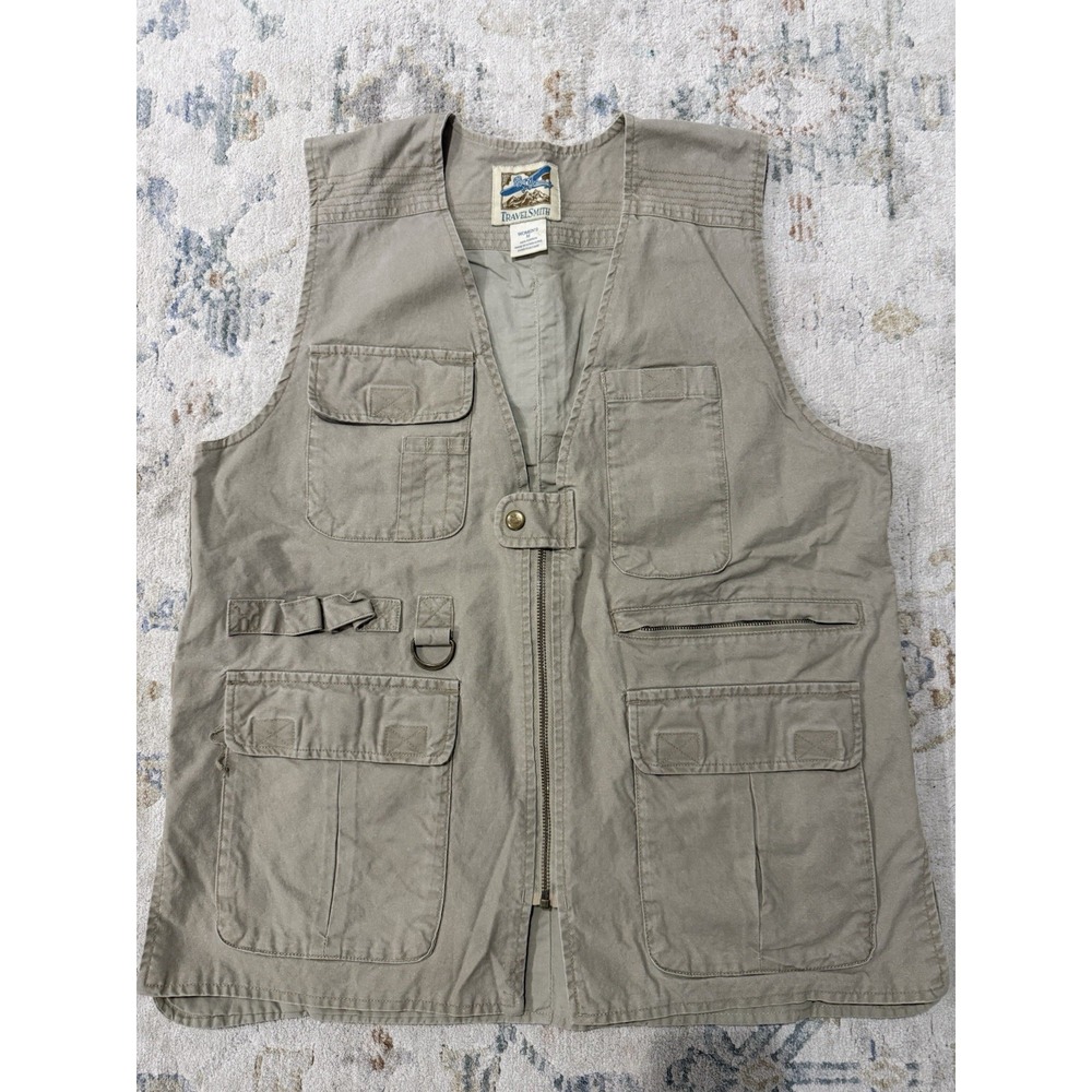 Vintage 90s TravelSmith beige cotton safari correspondent photographer vest M